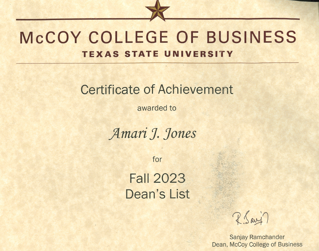 McCoy College of Business Dean’s List certificate